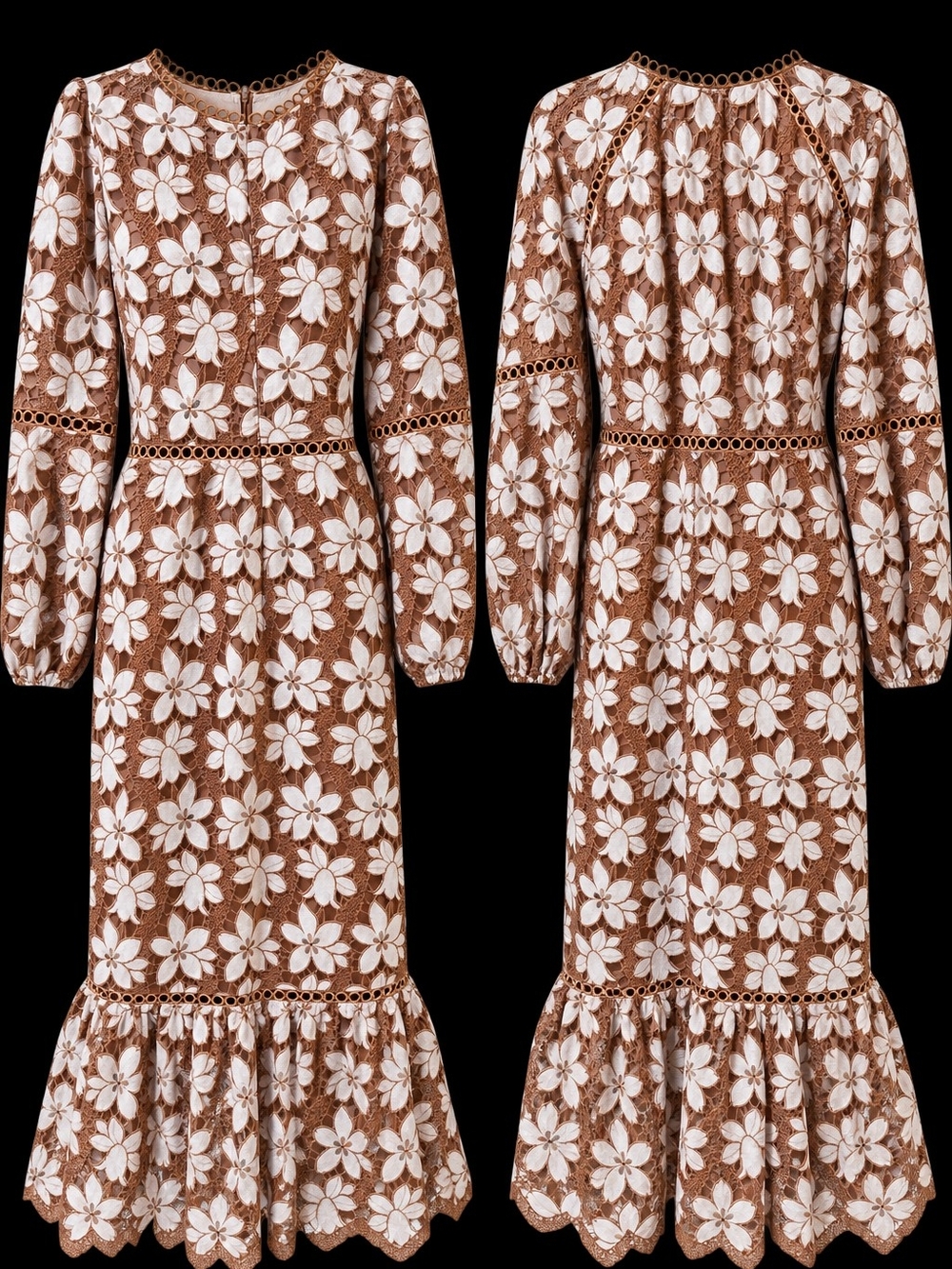 Petal & Pup Brown and White Floral Lace Long Sleeve Midi Dress